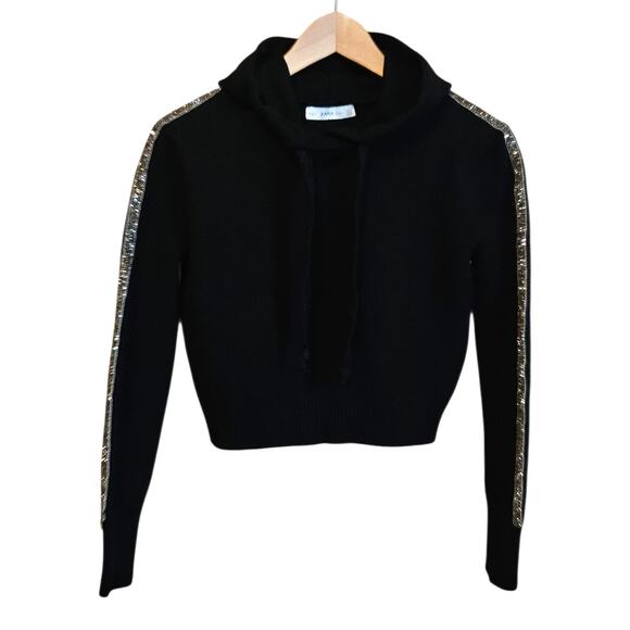 Zara Knit Black Hoodie Sweater Metallic Stripe Sleeves Women’s Size Small - Picture 1 of 6